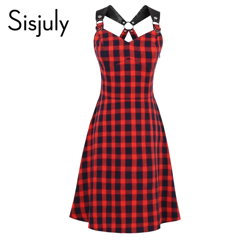 

Sisjuly red black plaid vintage strap dress women summer gothic party dress retro v neck sexy slim gril hot vintage dress zipper