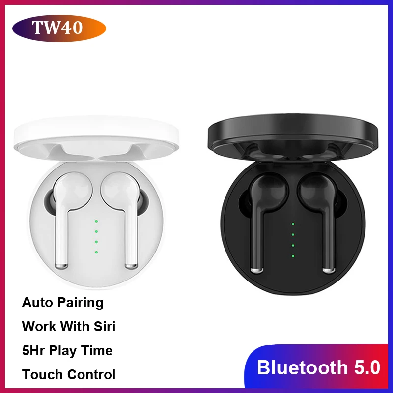 

TW40 TWS Wireless Bluetooth 5.0 Earphone Stereo HiFi Sound Headset Earbuds With Built-in HD Microphone Siri Touch Control PK i20