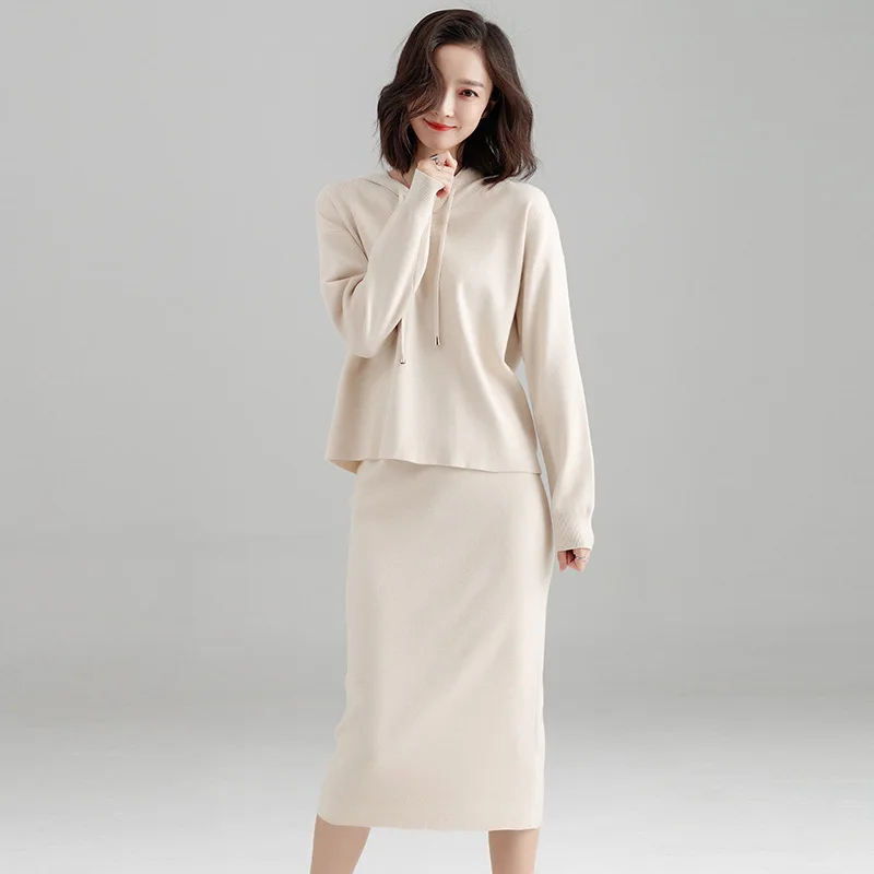 

2019 Spring Women 2 Piece Skirt Sets Knitted Sweater + Skirt Women's Sweater Short Hooded Sweater Suit Beige Skirt Suit Pullover
