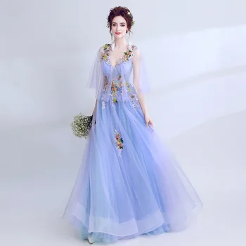 

2019 New Young Mom Blue Long Dark V Sexy Flower Lace Exotic Wedding Dress