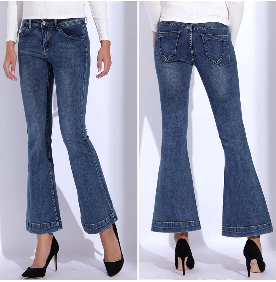 Джинсовые расклешенные женские джинсы, повседневные эластичные синие джинсы с кроем для женщин, Femme 2018, высокая талия, тонкие женские