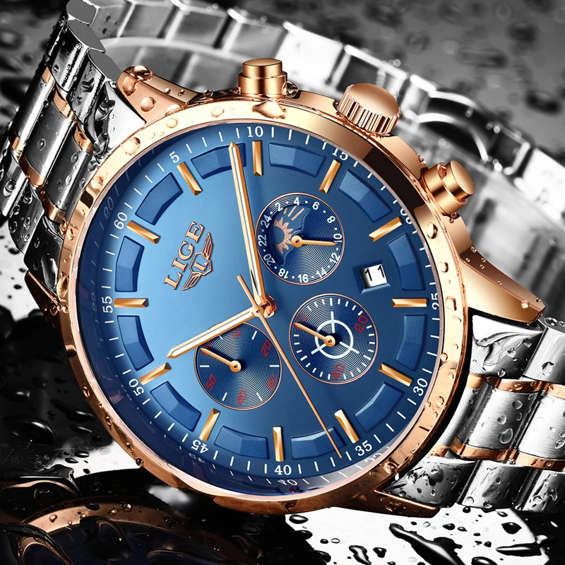 

LIGE Fashion Mens Watches Top Brand Luxury Full Steel Sports Quartz Watch Men Business Waterproof Gold Watch Relogio Masculino