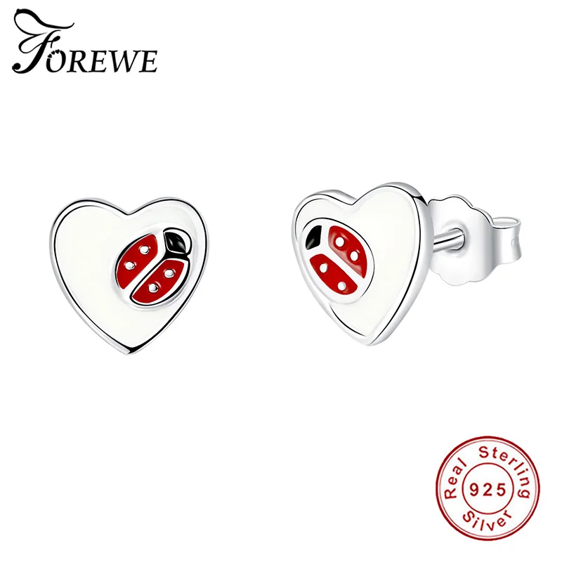 

FOREWE Red Enamel Cute Miraculous Ladybug In Heart Stud Earring for Women Girls 925 Sterling Silver Tiny Earrings Christmas Gift