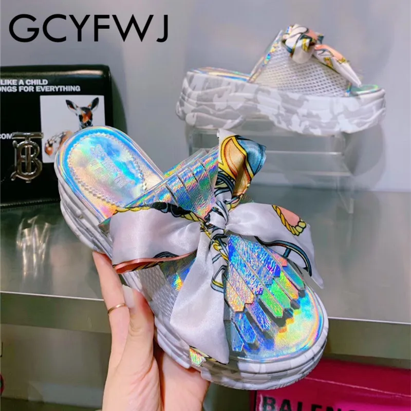

GCYFWJ Platform Slippers Female Cowhide Mesh Tassel Bowtie Sandals Ladies 2019 Summer New Mixed Color Increased Women's Shoes
