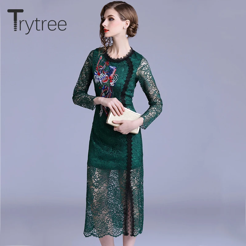 

Trytree Summer Autumn Casual Embroidery Sheath Dress Polyester Ruffles Split Hem women dresses O-Neck Lace Office Lady Dress