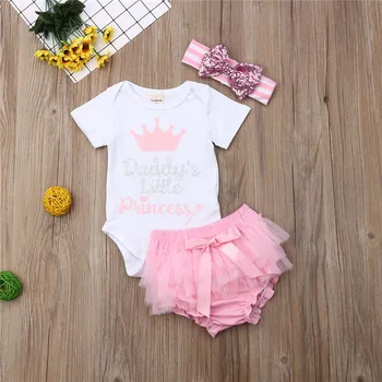

0-24M 3 Piece Baby Girls Clothes Set Short Sleeve Crown Print Baby Rompers Toddler Set Pink Lace Skirt Girls Outfits Infant Suit
