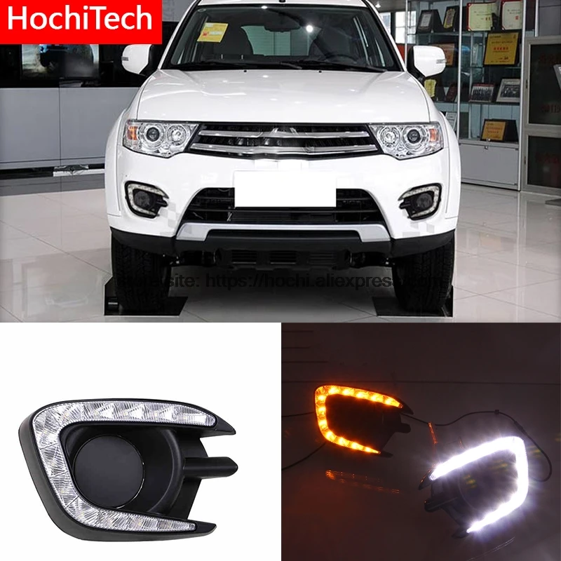 

High quality Yellow Turning Function Glossy Black ABS Car DRL LED Daytime Running Light For Mitsubishi Pajero Sport 2013-2015