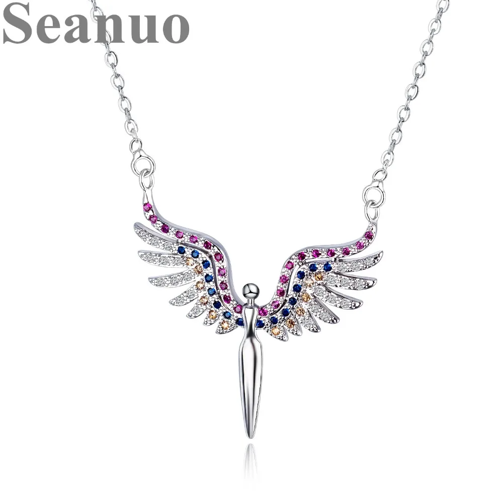 

Seanuo 2019 Colorful Crystal Open Wings Angel Silver Wedding Pendant Necklace For Women Fashion Fly CZ Paris Girl Party Necklace