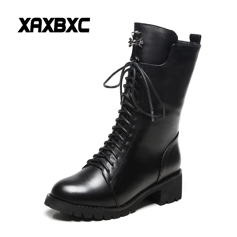 

XAXBXC 2018 New Autumn Winter Genuine Cow Leather Platform Flat Lace Up Short Boots Women Short Plush Botas Mujer Shoes