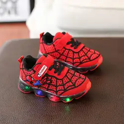 Новый мультфильм Мальчики Человек-паук обувь детские светящиеся Кроссовки Брендовая сетчатая обувь Дети светодиодная Мерцающая обувь для