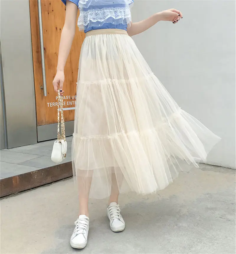 Корейская Новинка, женская летняя юбка-пачка, высокая эластичность, розовая шифоновая юбка длиной до щиколотки, Свободные повседневные длинные юбки, женские юбки-капкейки - Цвет: Слоновая кость