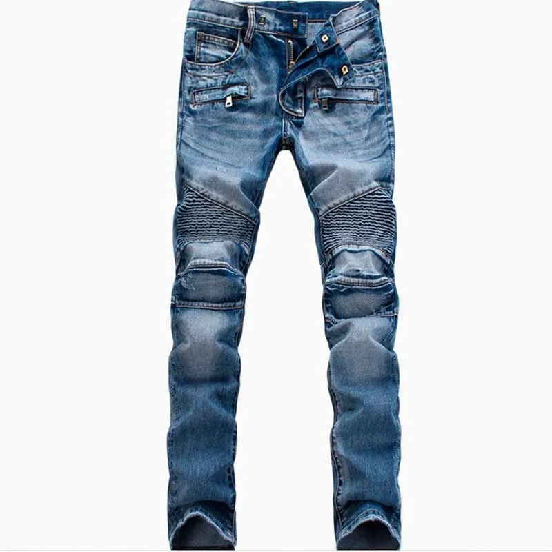 Men's Fashion Brand Designer Ripped Biker Jeans Men Distressed Moto Denim Joggers Washed Pleated Jeans Pants Black Blue White