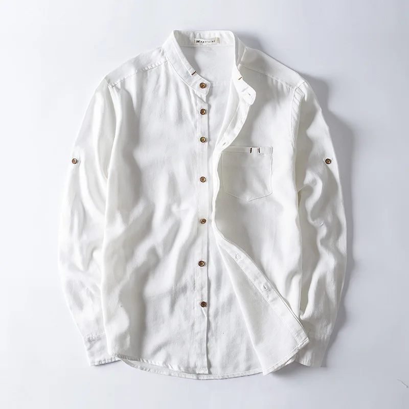 

New Arrival Men's White Linen Shirts Long Sleeve Solid Mandarin Collar Soft Comfortable Hemp Dress Shirt Fashion Slim Fit Tops