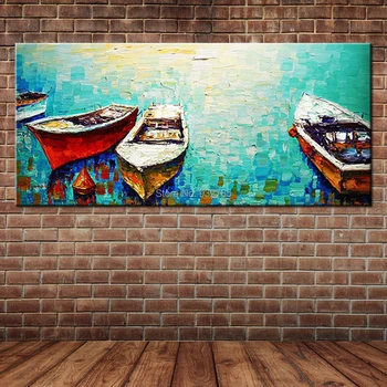 

Textured Knife Painted Oil Painting Fishing Boat Canvas Art Wall Picture Modern Blue Landscape Art Home Decoration (No frame )
