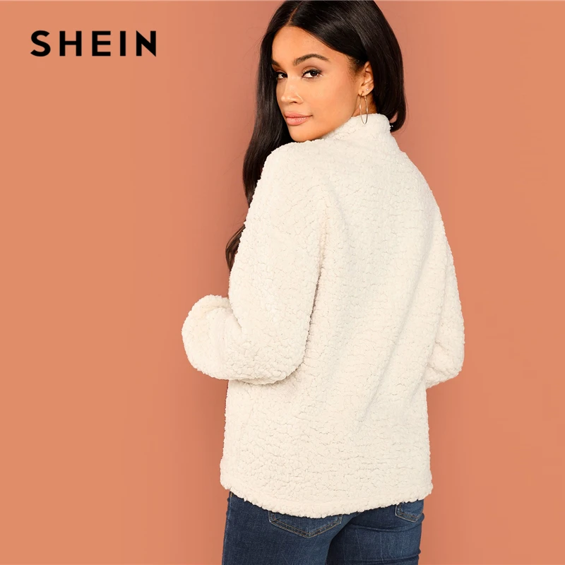 SHEIN White Casual Solid Button Front Half Placket Teddy High Neck Sweatshirt 2018 Autumn Going Out