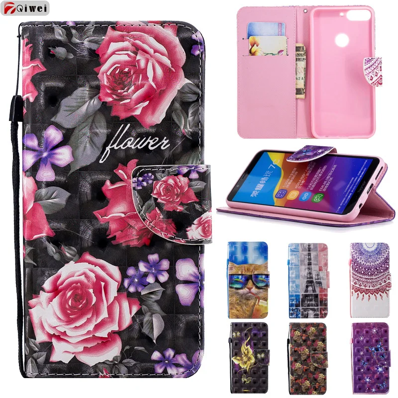 

Honor 7C 5.7" Case PU Leather Wallet Flip Cover For Huawei Y7 Prime 2018 Case Butterfly Book Magnetic Silicone Back Cover Coque