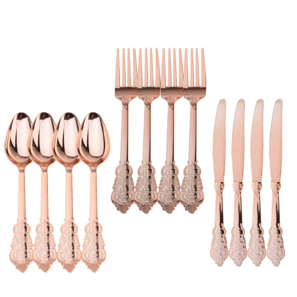 12pcs Disposable Tableware Set Plastic Forks Spoons Knifes Wedding Party Supplies Home Decorations Gift Rose Gold