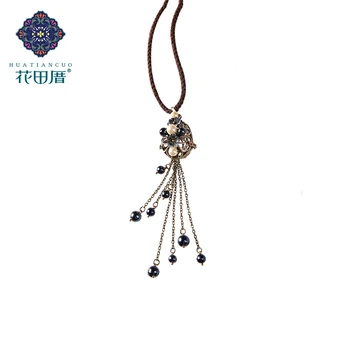 

Vintage Tassel Alloy Chain Alloy Box Black Shell Bead YellowShell Bead Shell Flower Pendant Necklace Female Accessories CL-17064
