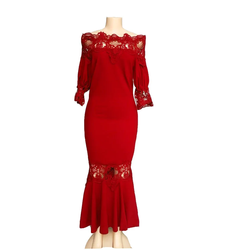 Африканская одежда, модное женское элегантное сексуальное кружево, макси платье, женское платье с открытыми плечами, рукав-фонарик, вечерние платья, Африканская женщина - Цвет: red