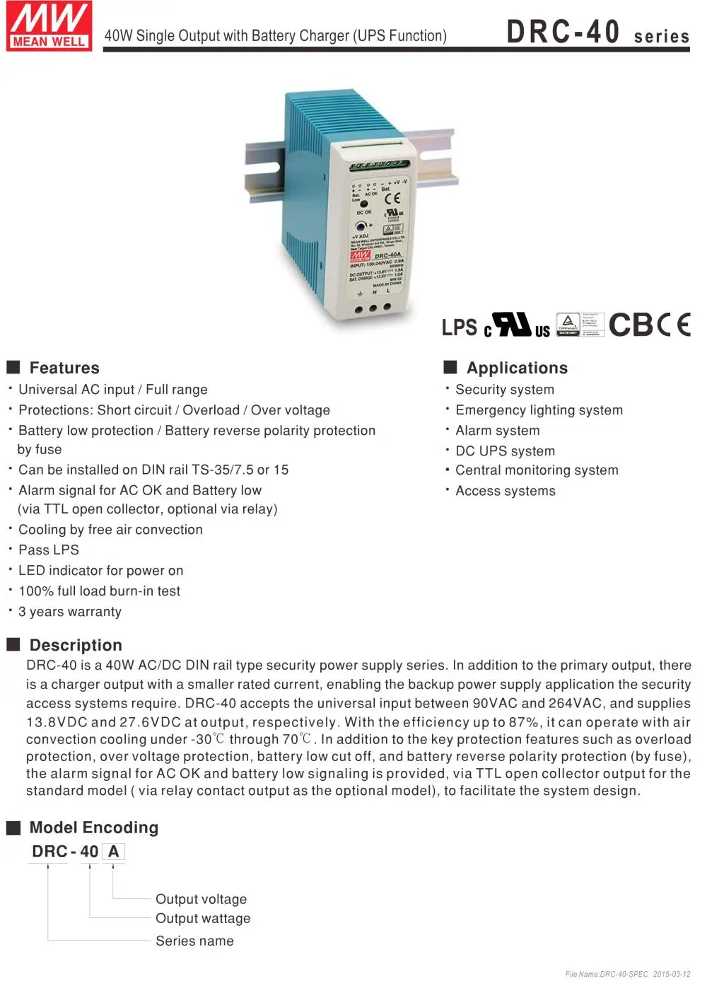 MEAN WELL DRC-40A 13,8 V meanwell DRC-40 40,2 W с одним выходом с зарядным устройством(функция UPS