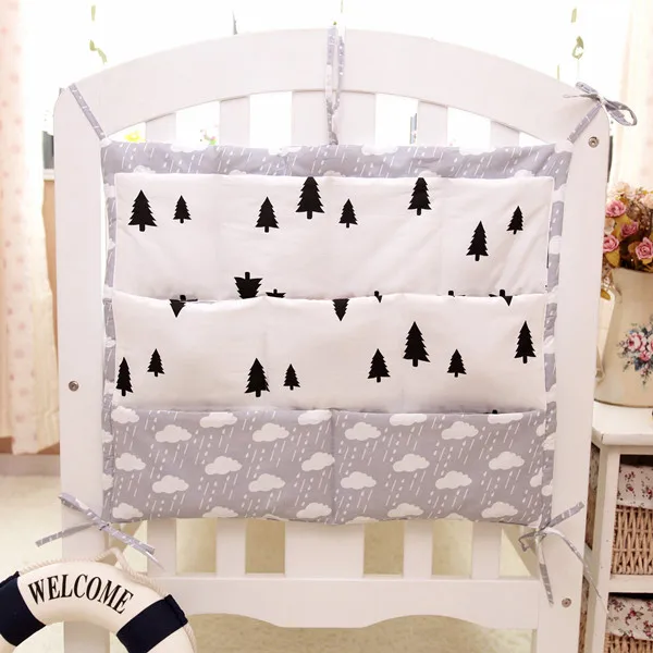 Grey Cotton Baby Bed Hanging Storage Bag Newborn Crib Diaper Organizer Toy Diaper Pocket for Baby Bedding Set Nursery 50*60CM