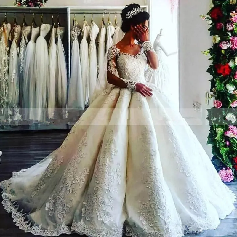 Plus Size 2021 Appliques Lace Ball Gown Wedding Dresses Long Sleeves Jewel neck African Bridal Gowns Custom Made robe de mariee | Свадьбы и