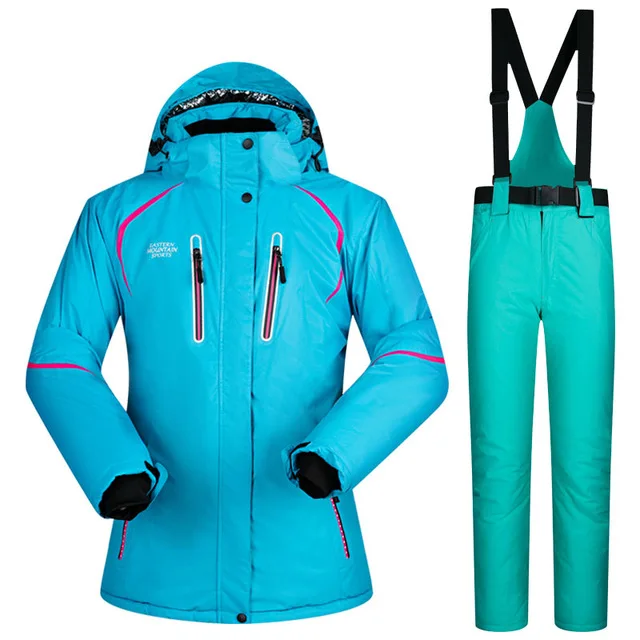 Ветрозащитный женский лыжный костюм, зимняя Толстая Теплая Лыжная куртка и теплые зимние штаны, женские уличные лыжные костюмы для катания на лыжах, кемпинга, сноубординга - Цвет: Blue and Light Green