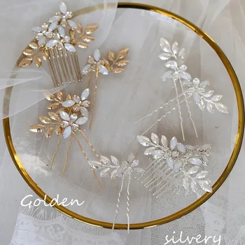 

Opal Crystal Bridal Hair Pins Comb Gold Silver color Leaf Women Headpiece Handmade Wedding Hair Ornament Jewelry