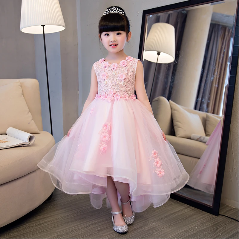 

Elegant Girl Pink Lace Wedding Dress Summer Sleeveless Appliques Party Tulle Princess Birthday Dress Kids First Communion Gown