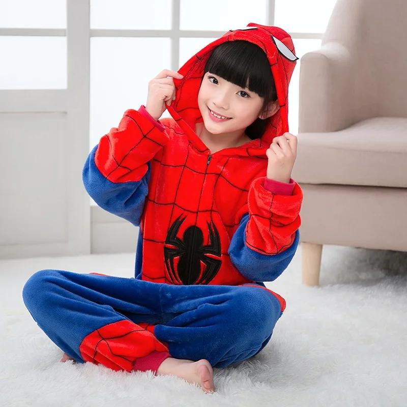 Детские рождественские пижамы, зимняя одежда для сна с капюшоном и рисунком Кигуруми для мальчиков и девочек, пижама с человеком-пауком для детей 4, 6, 8, 10, 12 лет