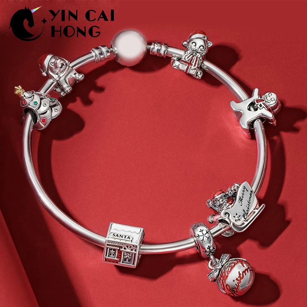 

YCH 100% 925 Sterling Silver 1:1 Christmas Christmas Tree Puppy Snowman House Sleigh Gift Bracelet Set Free Shipping