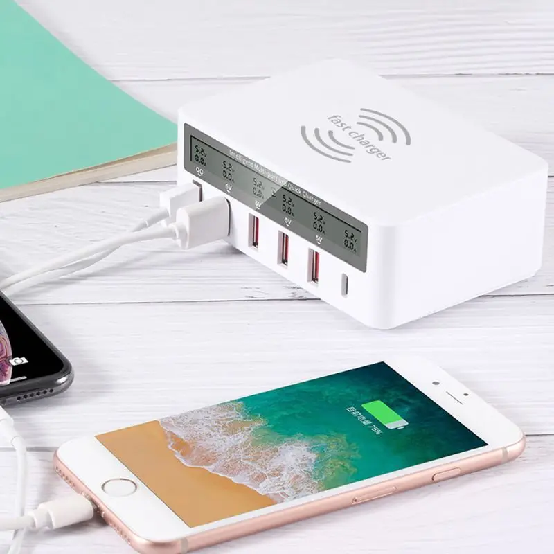 

7-in-1 Type C USB QC 3.0 Fast Charge Qi Wireless Charger With LCD Voltage Current Display For iPhone Samsung Huawei Phone Tablet