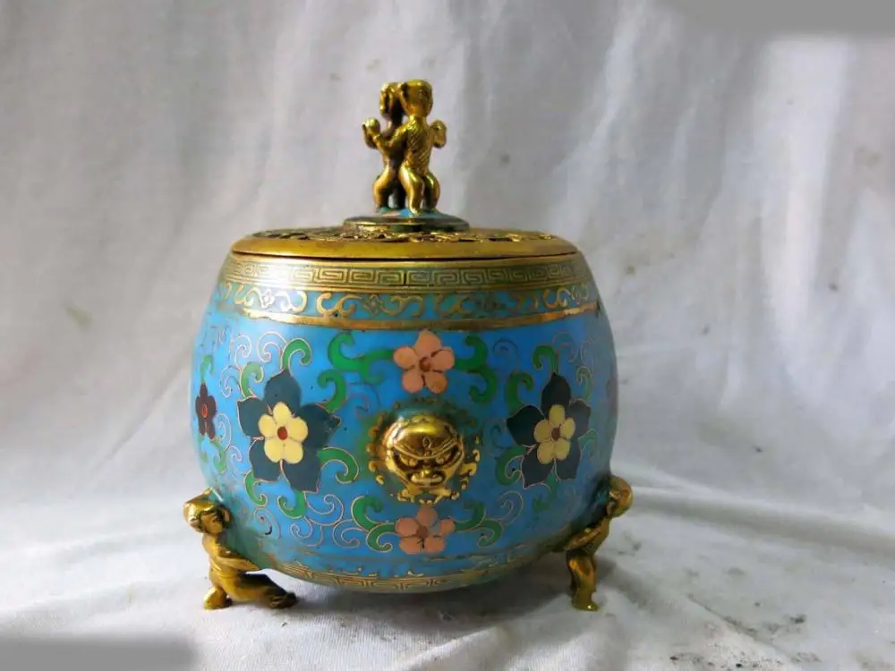 

China bronze gold Cloisonne Beautiful five boys Incense burner Sculpture Statue