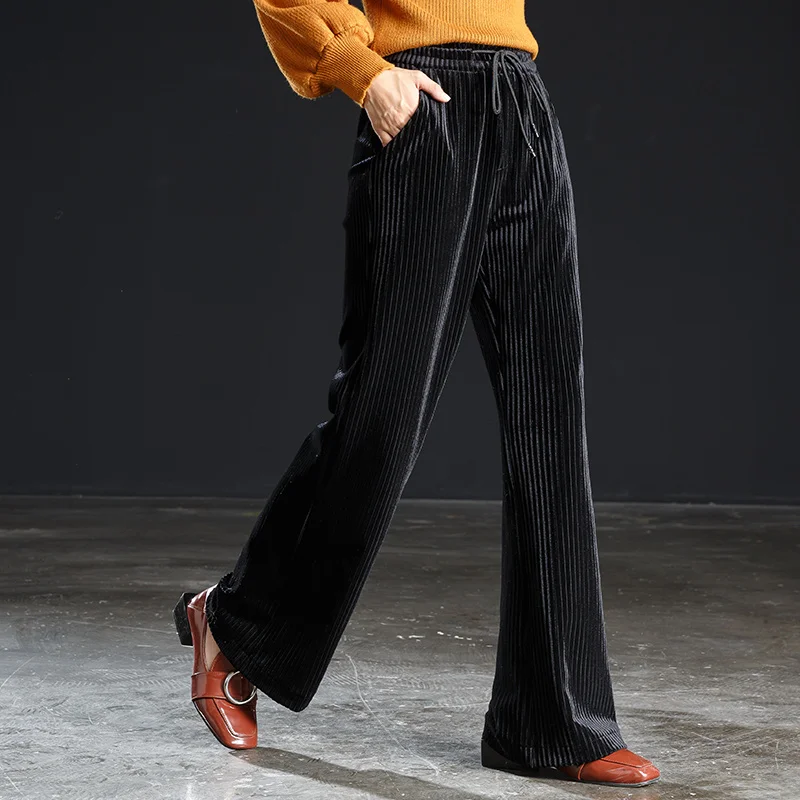 

Gold velvet wide leg pants female 2019 spring and autumn new loose thin large size casual trousers loose high waist micro trouse