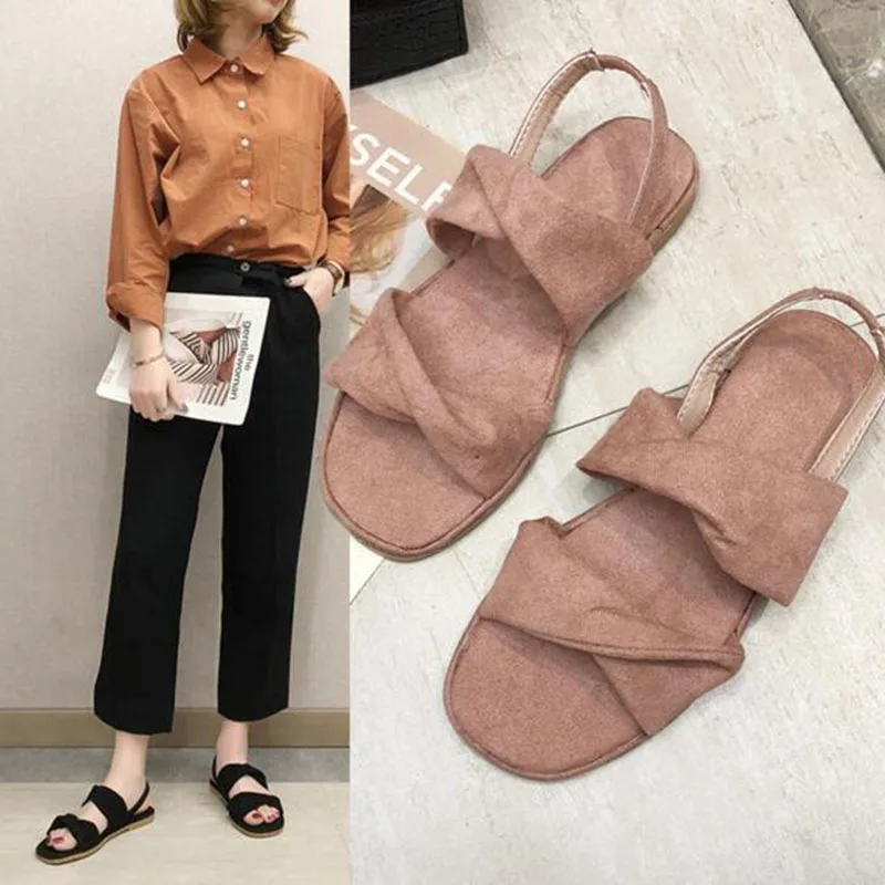 

Women Students Fashion Flats Open Set of Toe Sandals Shoes Ankle Strap Breathable Rubber Non-slip Summer Beach Stretch Fabric