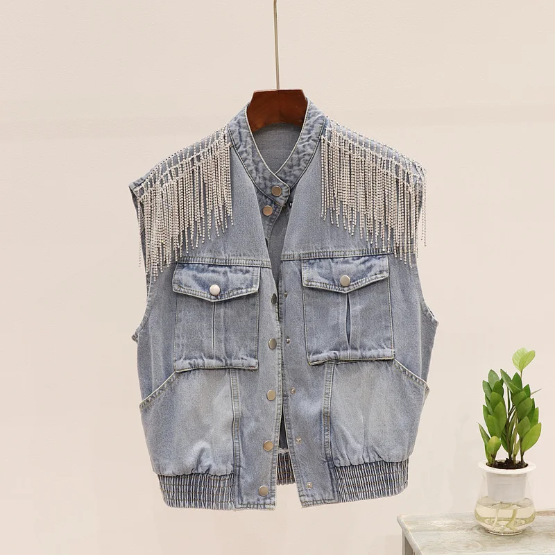 

New Fashion Sleeveless Denim Vest Waistcoat Women Diamond Tassel Chain Jeans Vest Short Jacket Big size Loose Denim Coat Female