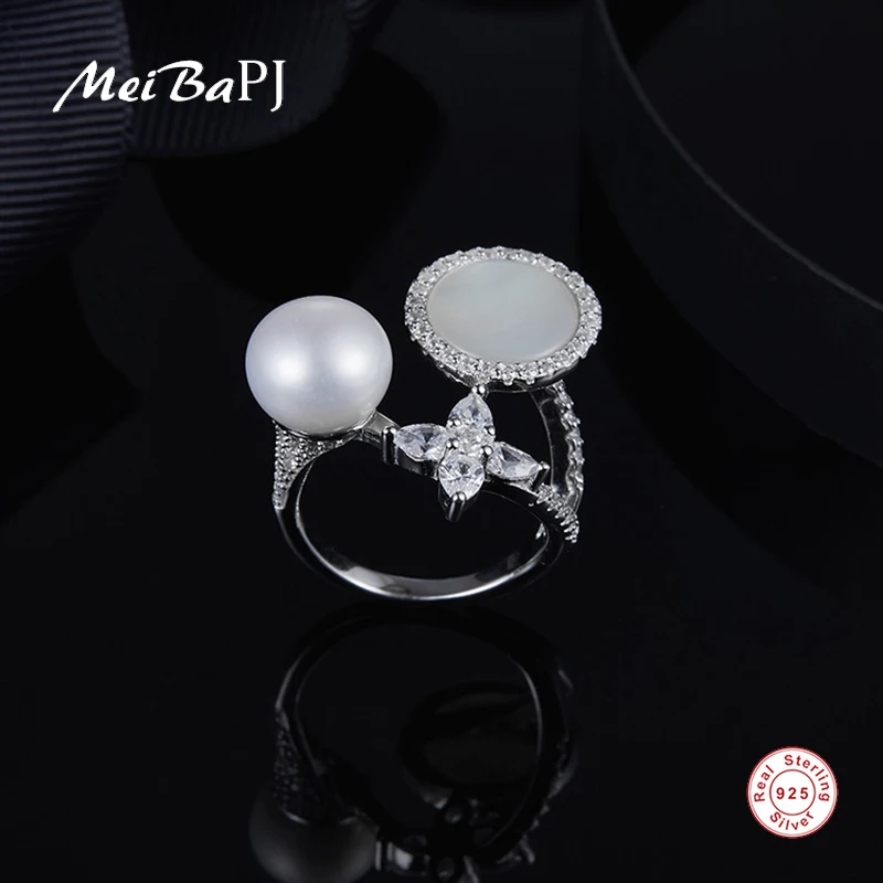 

[MeiBaPJ]Fashion Real 925 Sterling Silver Ring Natural Freshwater Pearl Shell Wedding Flower Ring Fine Jewelry