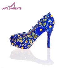 Flor azul Rendas Sapatos de Casamento Sapatos De Glitter Azul Strass Sapatos de Salto Alto Sapatos de Noiva Handmade Lady Vestido Formal Plus Size