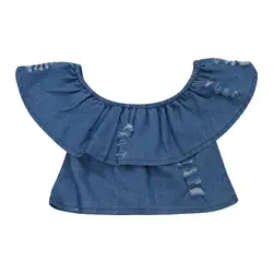Pudcoco Новинка 2017 года; стильное платье для малышей Детская одежда для девочек Джинсовая с открытыми плечами Топы блузка рубашки без рукавов