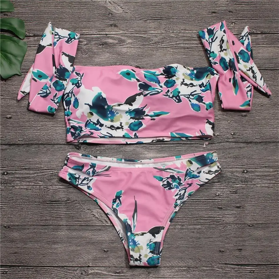 

NIDALEE 2018 Pink Print Bandeau Bikini Set Bowknot Summer Bathing Low Waist Sexy Swimming Suit Padded Wire Free Biquini