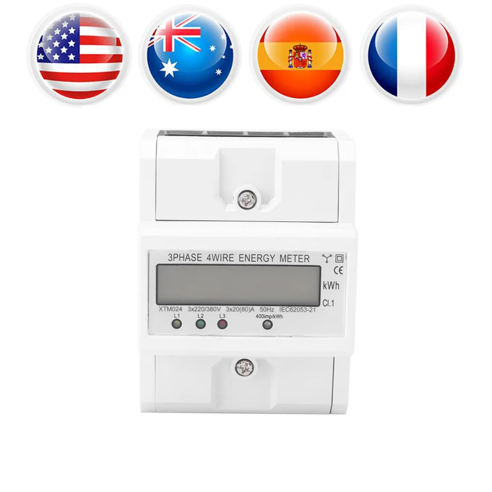 Digital 3 Phase Power Meter Electric Wattmeter Watt Meter DIN Rail KWh