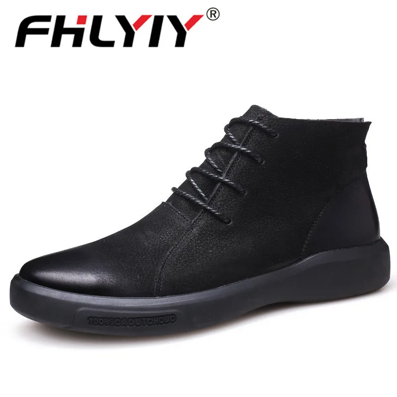 Зимние теплые ботинки на меху Мужская обувь замшевые кожаные мужские высокие ботинки botas hombre модные ботинки на шнуровке цвет черный, хаки - Цвет: No Fur Black