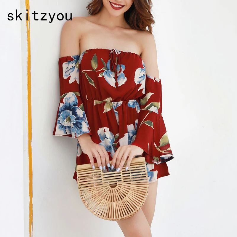 skitzyou Women Summer Floral Print Short Jumpsuit Flare Sleeve Sexy Off