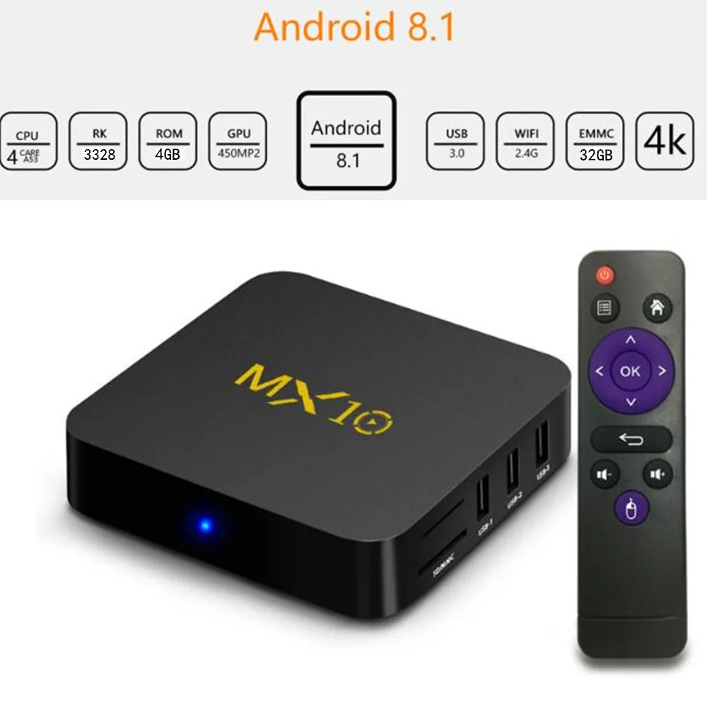 

mx10 tv box android 8.1 with youtube netflix 4G RAM 32G ROM 4K USB 3.0 BT4.0 IPTV Set-top BOX
