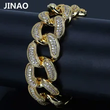 JINAO Hip Hop Gold Color Plated Miami Cuban Link Bracelets Iced Out Micro Pave CZ Stone Bling Bracelet Men Female Jewlery