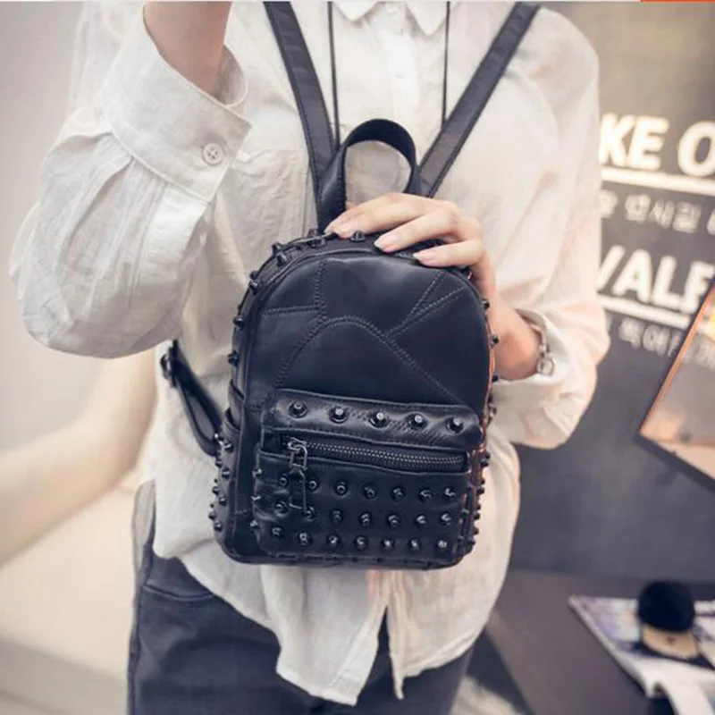 

Women Backpack Rivets Black Mini Backpacks for women's Lady's Back packs PU Leather Bags Fashion Travel Bag For High School girl