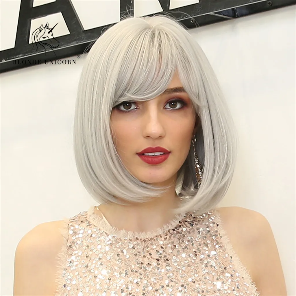 12 'серебристо-серый Пушистый прямой короткий средний пробор парик для волос для женщин боб парик-прическа для нарядный костюм для вечеринки Косплей Sow свадьбы