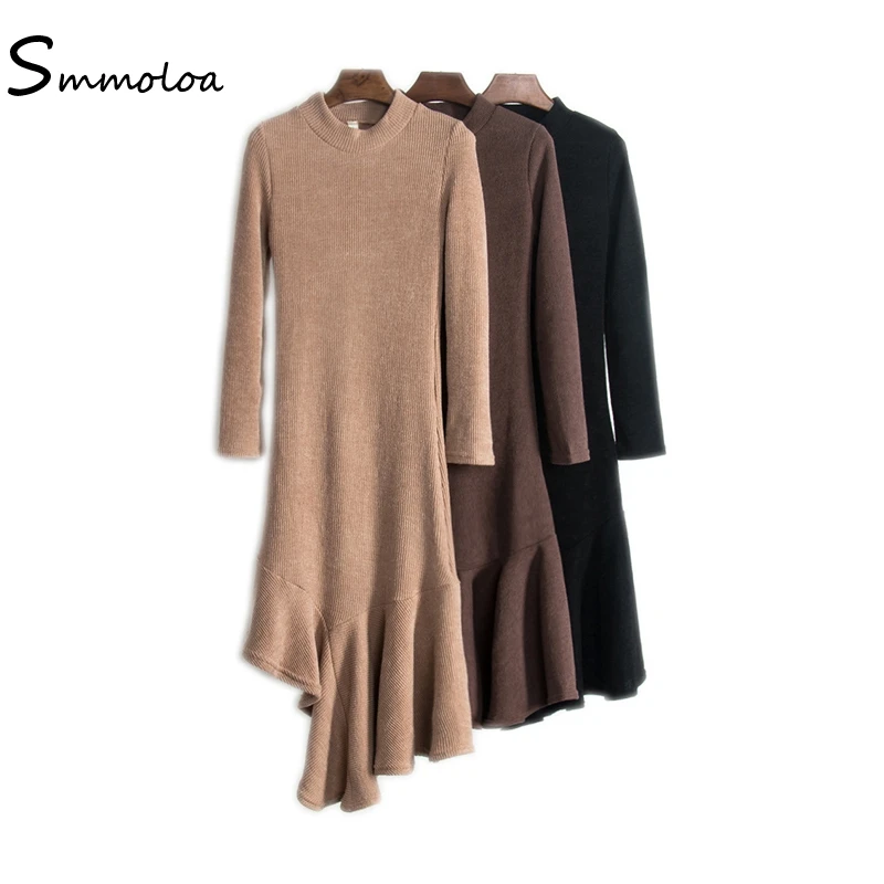 Smmoloa Autumn Fashion Long Ruffles Asymmetrical Knitted Dress