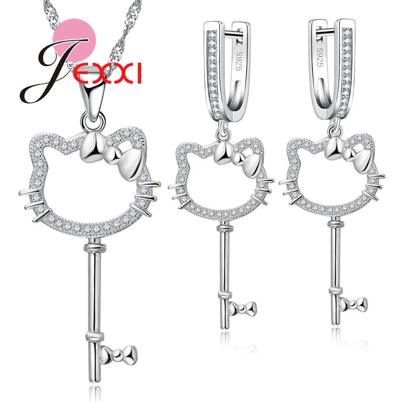 JEXXI Cartoon Design Clear Cubic Zirconia Rhinestone Kitty Head Sterling Silver Pendant Necklaces Hoop Earrings Jewellery