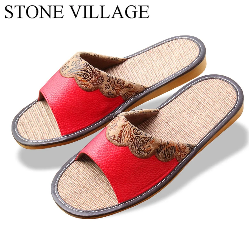 baratas STONE VILLAGE Slip On Chinelos de Linho Chinelos de Verão Não Slip Interior Moda Bordado Chinelos Em Casa Mulheres Homens Sapatos 3 cores